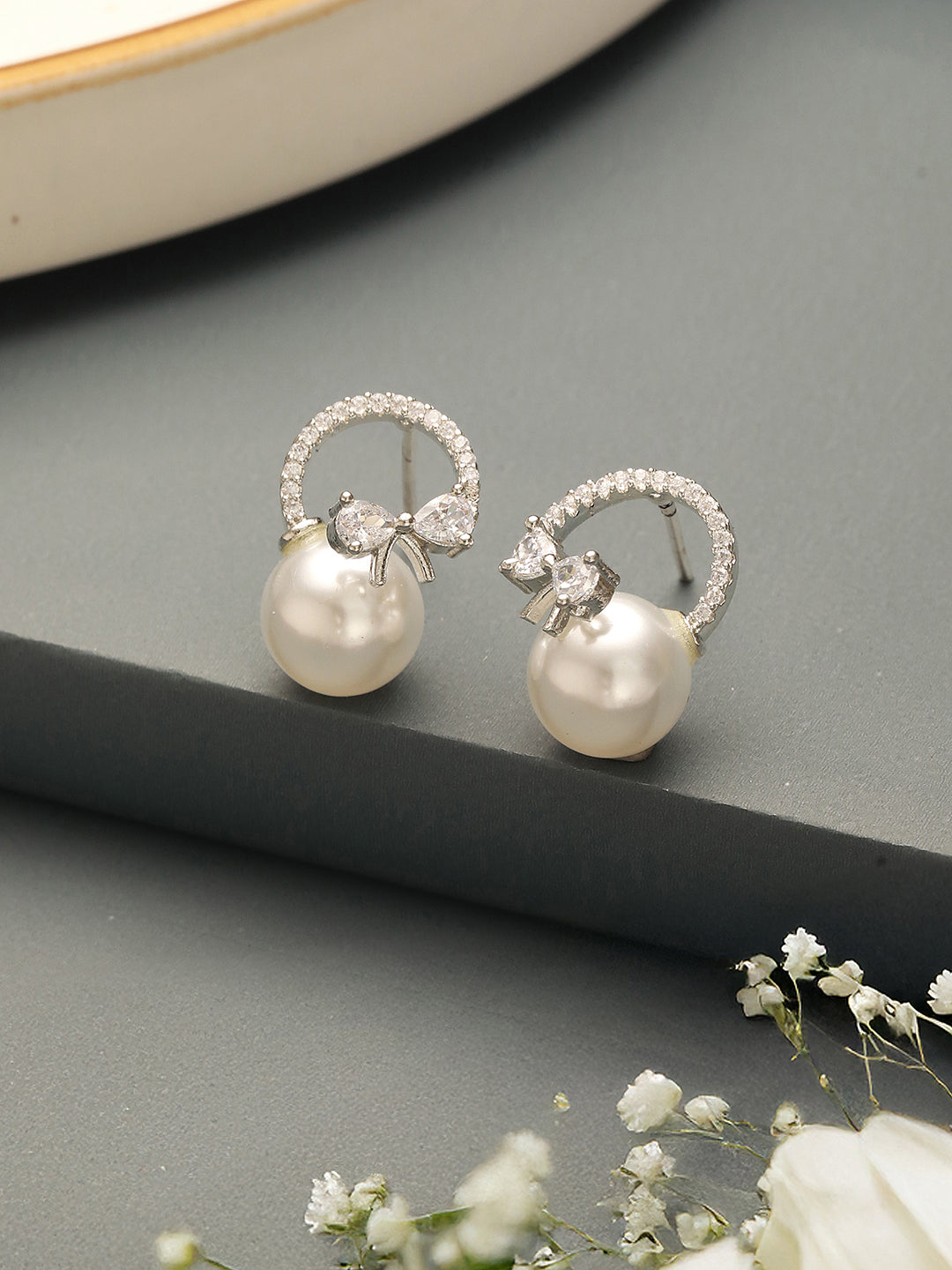 White Rhodium Plated AD Studded Minimal Bow Dailywear Studds Earrings